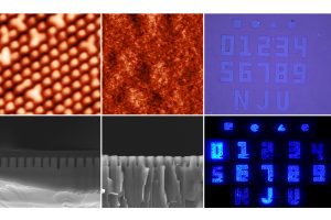 Optical and scanning electron microscope images of a nano-LED device that uses AC power instead of DC power, which could be a game-changer for sharper near-eye displays. Credit: Tao Tao