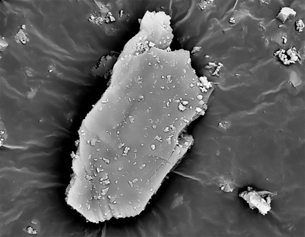 A scanning electron microscope image of gemstone processing waste. Researchers are exploring ways to use gemstone processing waste in cement, reducing the environmental impacts of both industries. Credit: Xiaowei Ouyang