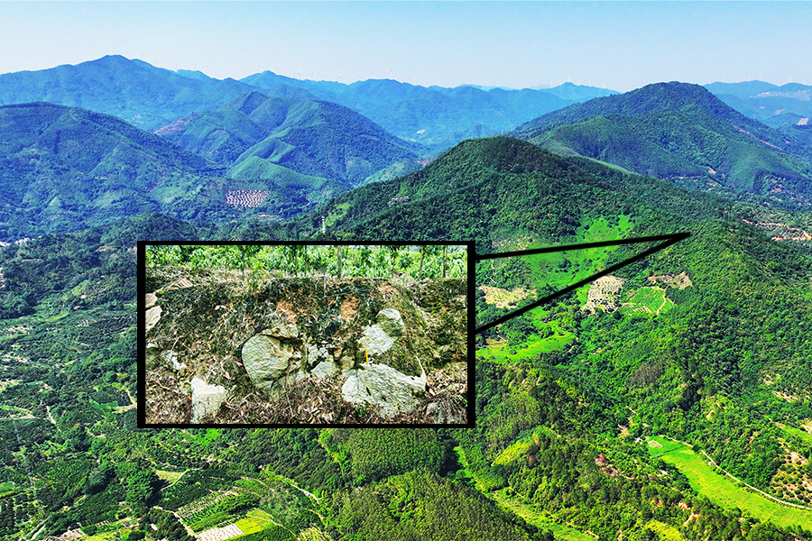 A panoramic aerial drone image of the Jinlin crater with the approximate location of the crater rim labeled, with an insert of the crater floor, which shows a mix of granite weathered soil and granite fragments. The yellow ruler is 20 centimeters long. Credit: Ming Chen