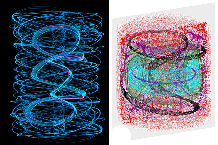 Left: Artwork motivated by the study, showing fluid circulation in the rotating cylinder. Credit: Larry Pratt Photo, 2013. Right: Confined trajectories of fluid particles circulating throughout the tank when the cylinder lid is tilted, disrupting the flow. Credit: Pratt and Rypina.