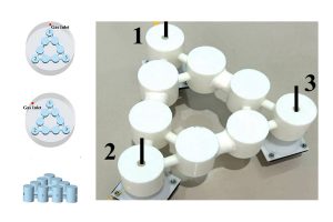 Right: Helium detection device inspired by Kagome-biki. Left: The device's triangular structure helps determine the location of helium leaks in a 2D space. Credit: Wang et al.