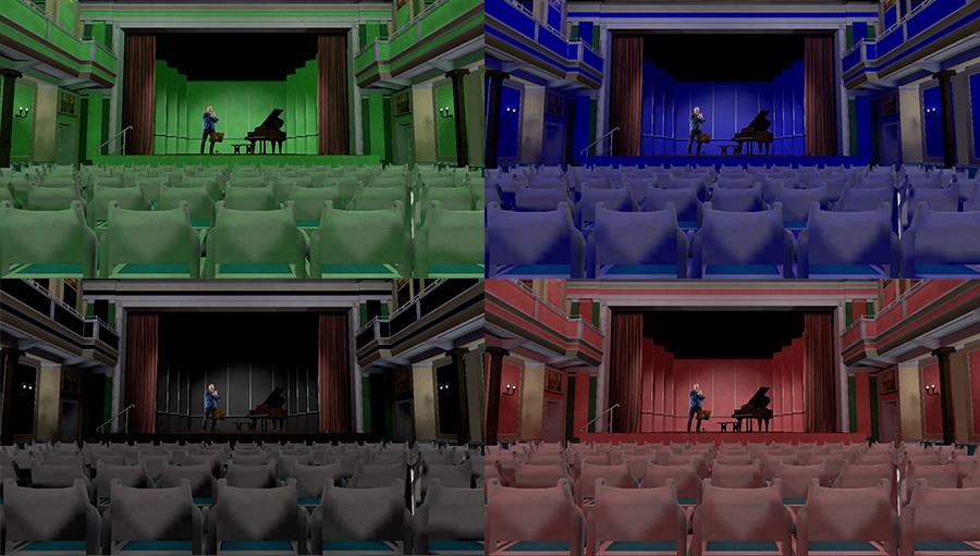 Image stills from the various colors of concert halls that were tested on listeners. Credit: Drouzas et al.