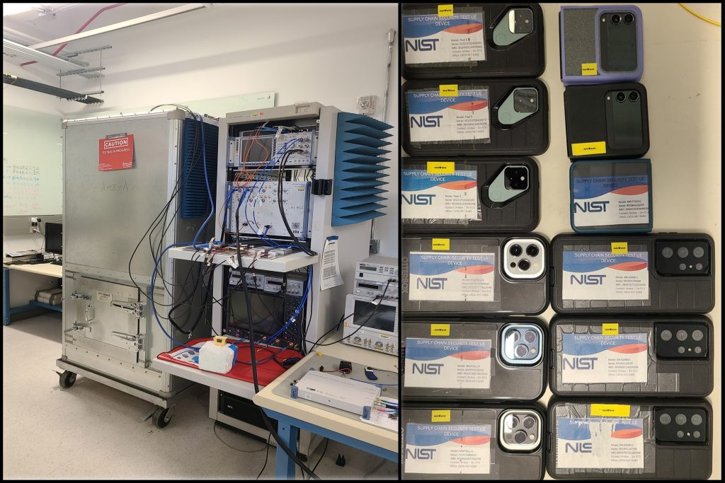 (Left) The custom measurement test bed. (Right) Some of the test smartphones used for creating the fingerprint library. Credit: Améya Ramadurgakar, NIST
