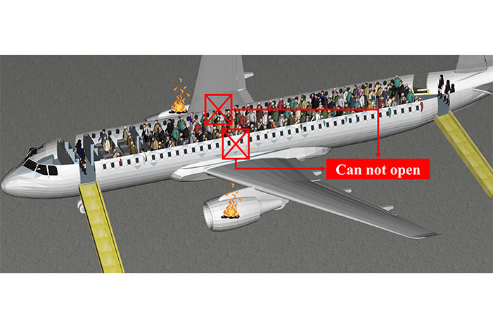 A visualization of the constructed cabin model the researchers used to simulate evacuation scenarios. Credit: Zhao et al.
