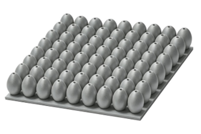 A 3D image of the water-filled aluminum eggshell array metastructure shows the eggshell pattern on an aluminum plate. The second aluminum plate — which goes on top of the eggs — is excluded from the image to help visualize the geometry. Credit: Wang et al.